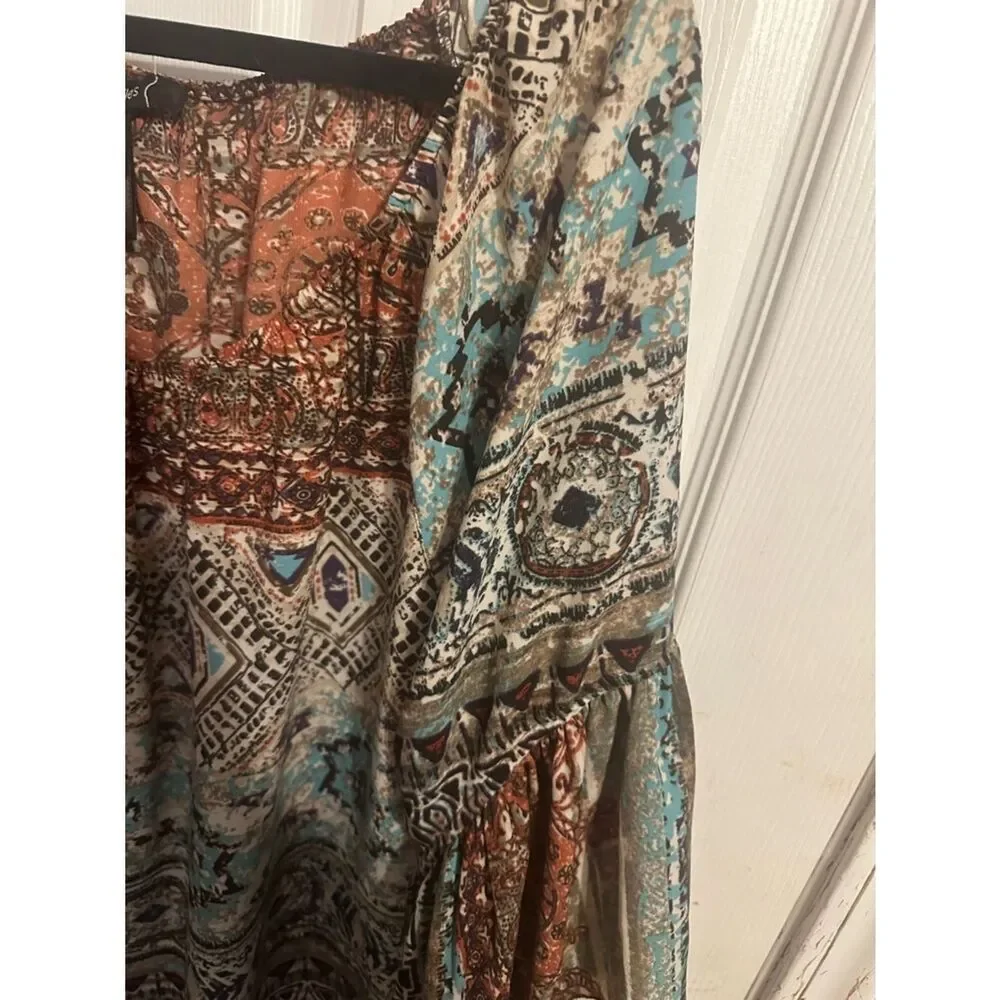 Ali Miles Boho Printed Fringe-Hem Peasant Top in Multicolor 1x - Picture 5 of 9